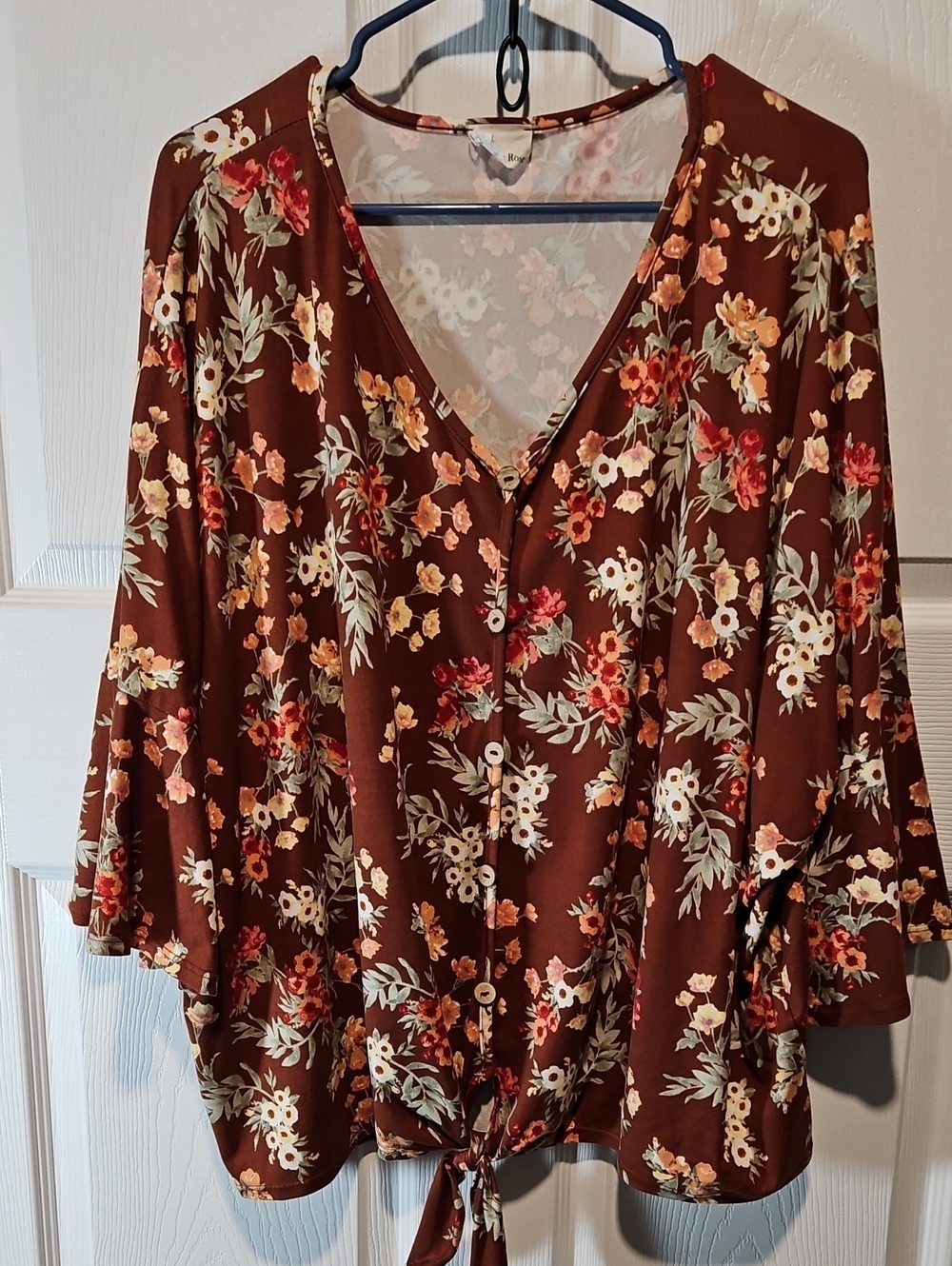 Brown Floral V-Neck Button Tie-Front Blouse